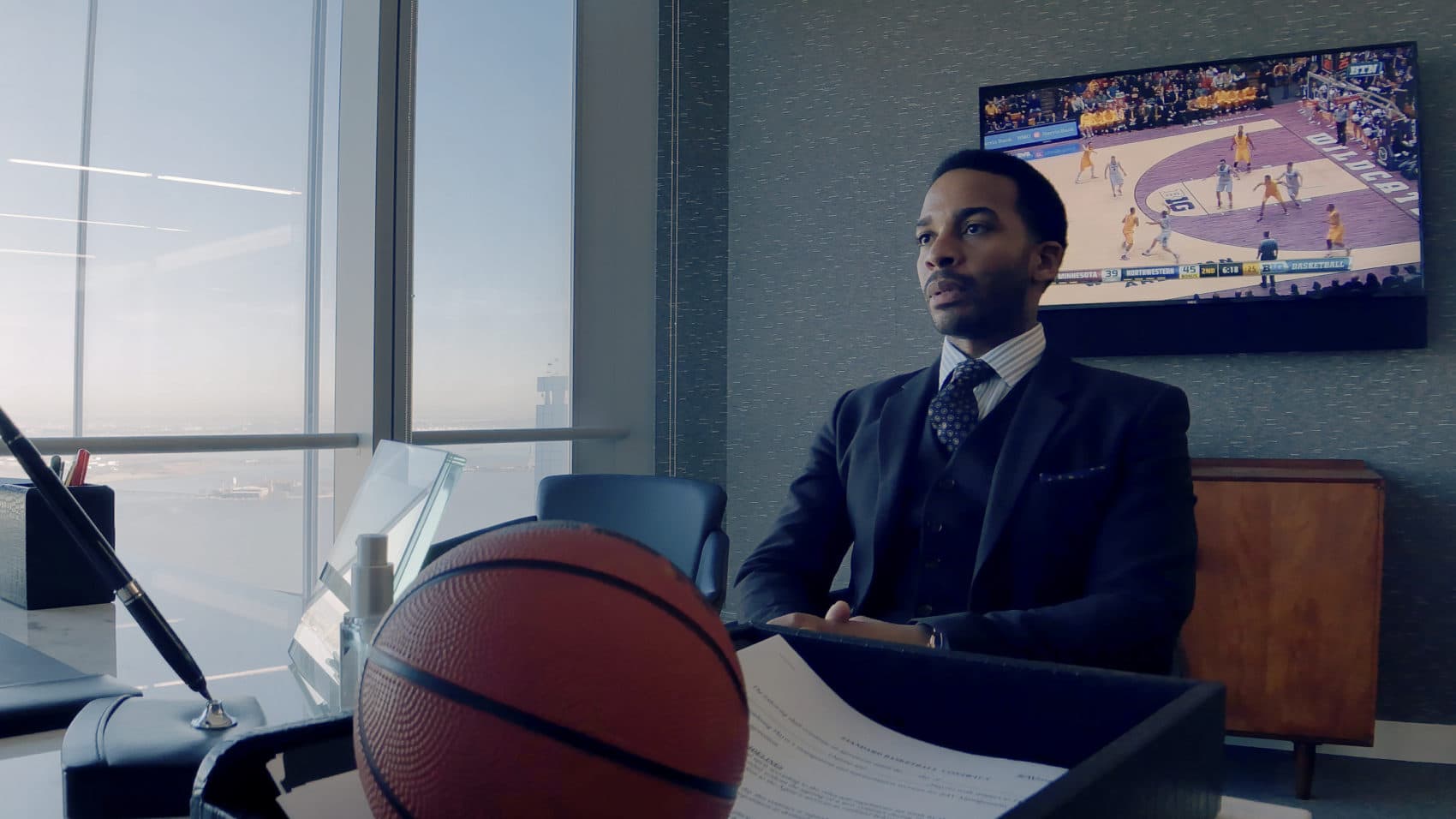 André Holland as Ray Burke in "High Flying Bird," directed by Steven Soderbergh. (Courtesy Peter Andrews/Netflix)