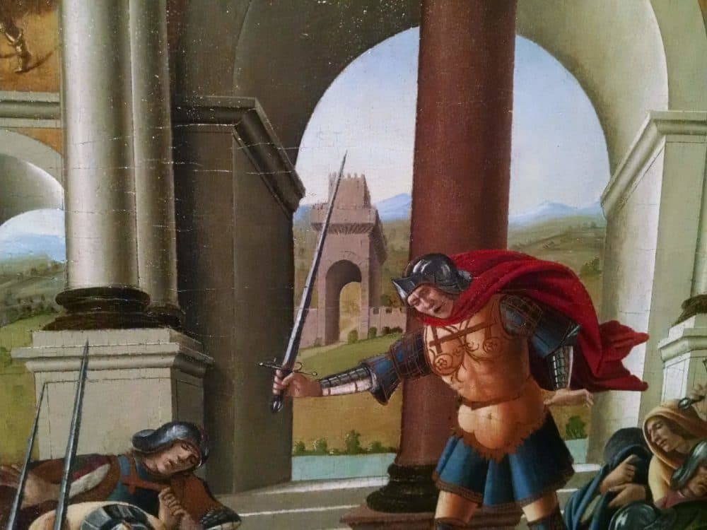 In this closeup of Botticelli's "The Story Of Lucretia," you could see how much care the artist put into the background landscape of Tuscany. (Lloyd Schwartz for WBUR)