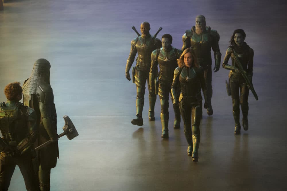 Jude Law, Lee Pace, Djimon Hounsou, Algenis Perez Soto, Brie Larson, Rune Temte and Gemma Chan in "Captain Marvel." (Courtesy Chuck Zlotnick/Marvel Studios)