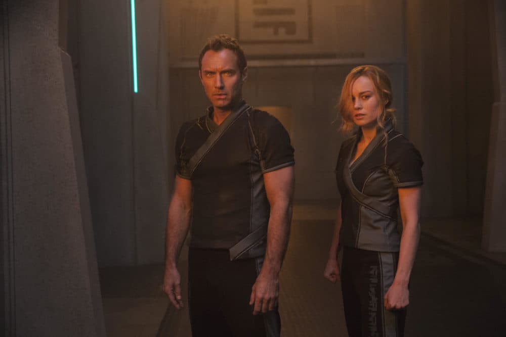 Jude Law as the Leader of Starforce and Brie Larson as Vers/Captain Marvel in "Captain Marvel." (Courtesy Chuck Zlotnick/Marvel Studios)