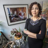 Artist and documentary filmmaker Rashin Fahandej in her Boston Center for the Arts studio in the South End. (Jesse Costa/WBUR)