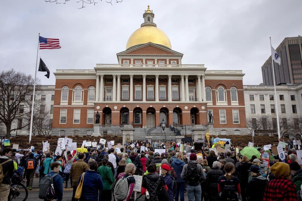 Youth Climate Strike protesters gather on the steps of the Massachusetts State House. (Robin Lubbock/WBUR)