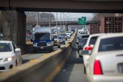 Early afternoon bumper-to-bumper traffic on 93 in Milton (Jesse Costa/WBUR)