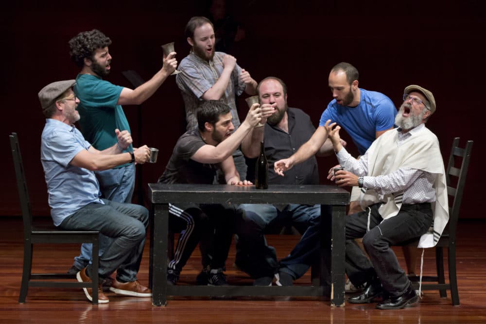 Steven Skybell, right, as Tevye, rehearses with the National Yiddish Theatre Folksbiene cast of a Yiddish-language version of "Fiddler on the Roof," at the at the Museum of Jewish Heritage in New York on June 19, 2018. (Richard Drew/AP)