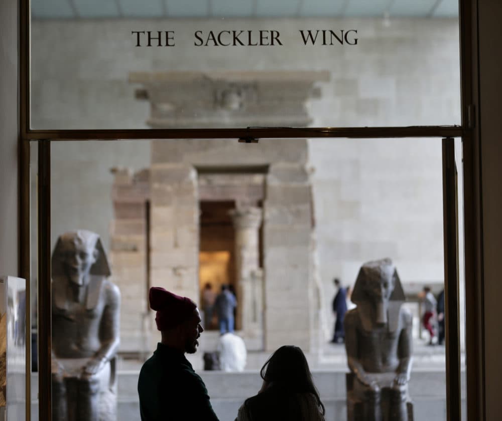 A sign with the Sackler name is displayed at the Metropolitan Museum of Art in New York, Thursday, Jan. 17, 2019. (Seth Wenig/AP)