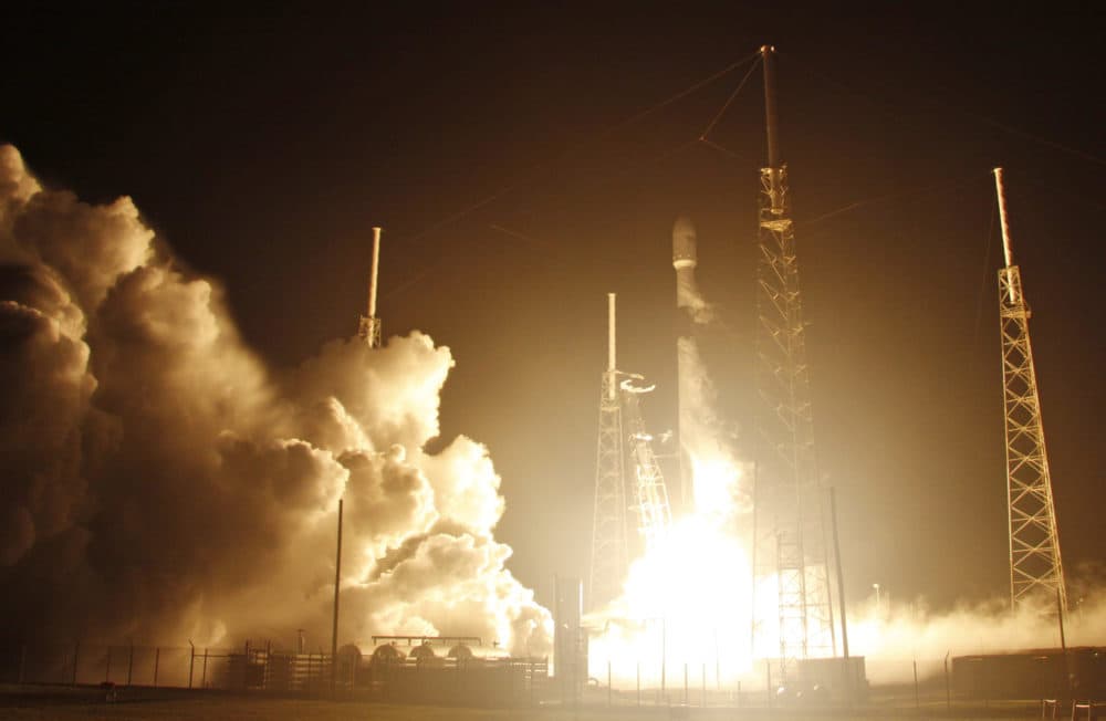 A SpaceX Falcon 9 rocket lifts off with Israel's Lunar Lander and an Indonesian communications satellite at space launch complex 40, Thursday, Feb. 21, 2019, in Cape Canaveral, Fla. (Terry Renna/AP)