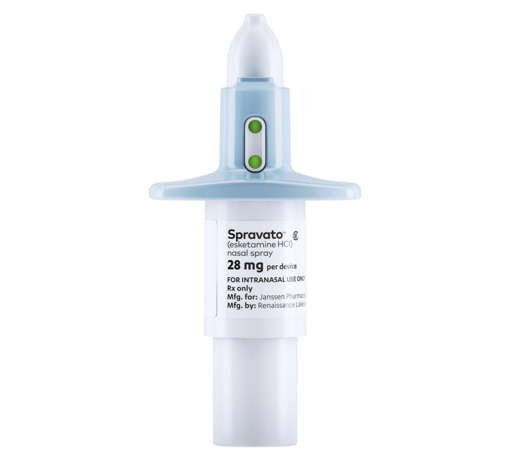 This photo provided by Janssen Global Services shows Spravato nasal spray. Spravato, a mind-altering medication related to the club drug Special K, won U.S. approval Tuesday, March 5, 2019, for patients with hard-to-treat depression, the first in a series of long-overlooked substances being reconsidered for severe forms of mental illness. (Janssen Global Services via AP)
