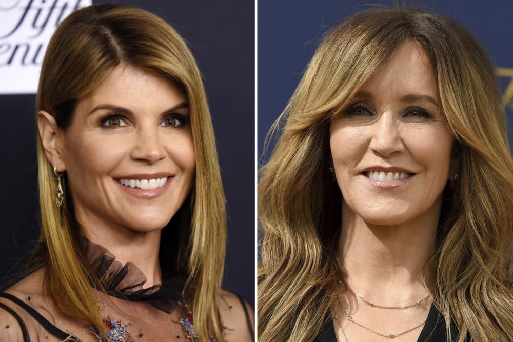This combination photo shows actress Lori Loughlin at a Women's Cancer Research Fund event in Beverly Hills, Calif., on Feb. 27, 2018, left, and actress Felicity Huffman at the 70th Primetime Emmy Awards in Los Angeles on  Sept. 17, 2018. (AP Photo)
