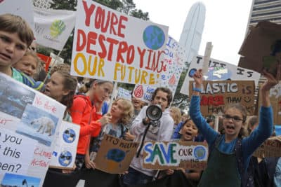 Hundreds of schoolchildren take part in a climate protest in Hong Kong, Friday, March 15, 2019. (Kin Cheung/AP)