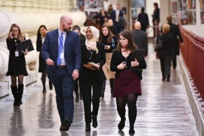 U.S. Rep. Ilhan Omar walks from the House Chamber after a vote on a resolution to condemn anti-Semitism and other forms of hatred and bigotry, at the US Capitol in Washington, DC on March 7, 2019. (Mandel Ngan/AFP/Getty Images)