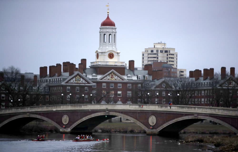 In this file photo, rowers paddle down the Charles River past the campus of Harvard University in Cambridge. (Charles Krupa/AP)