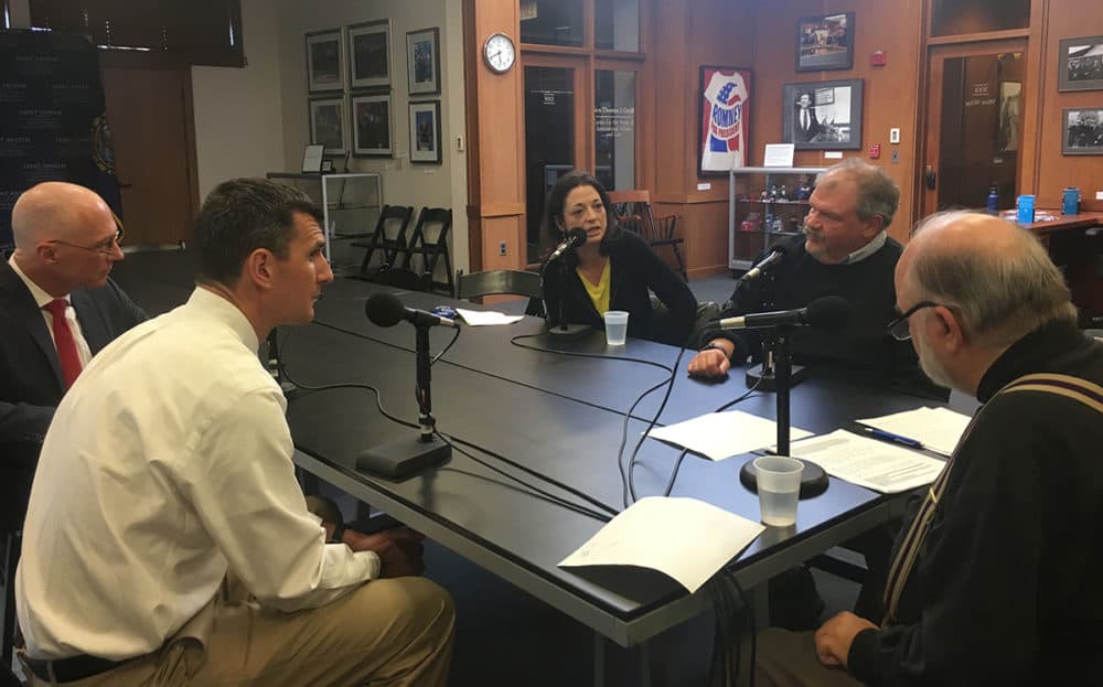 The roundtable of voters at Saint Anselm College (Wilder Fleming for WBUR)