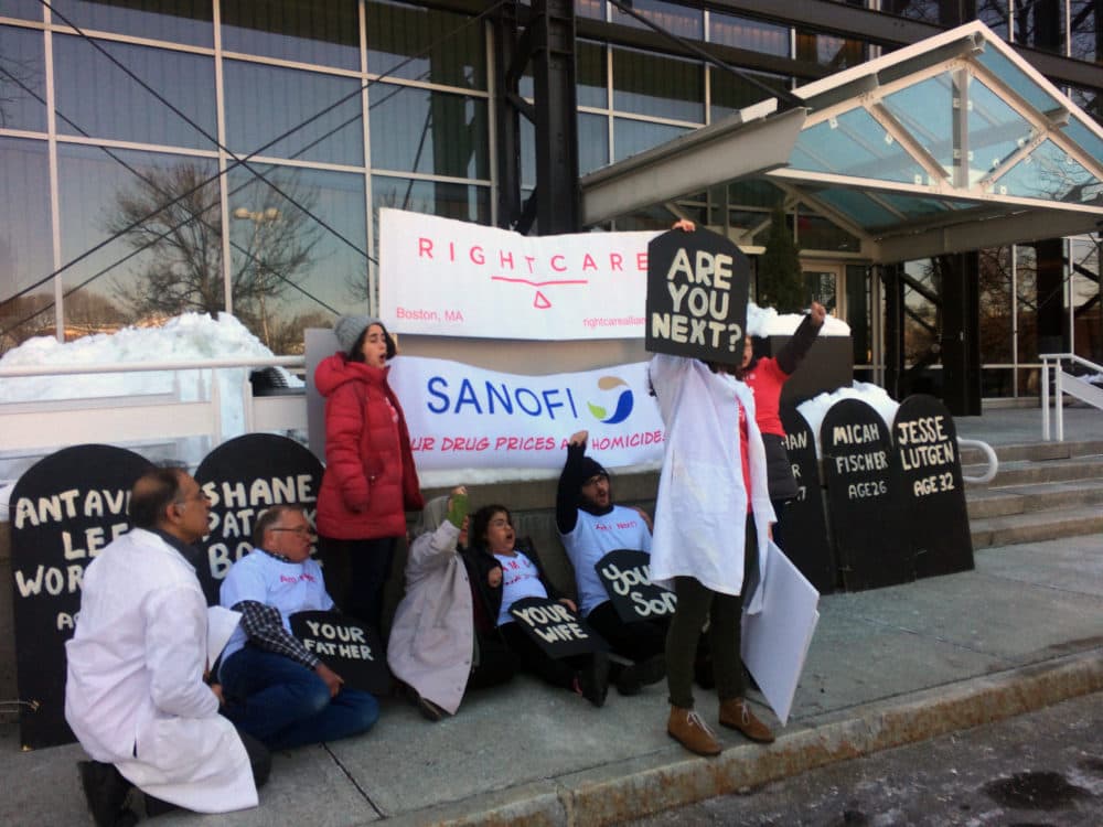 The Right Care Alliance held a protest against high insulin prices, which have led some to the dangerous practice of cutting doses to save, at Sanofi offices in Cambridge, Mass., Tuesday. (Anna Bauman/On Point)