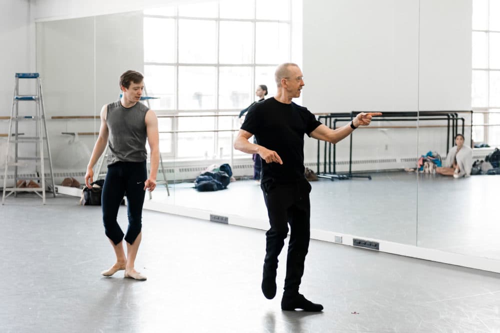 Isaac Akiba in rehearsal of "Playlist (EP)" with William Forsythe.  (Courtesy of Liza Voll/Boston Ballet)