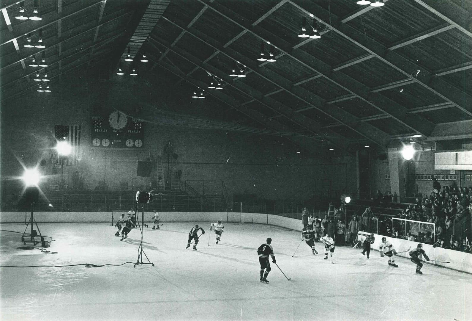 Harvard's ice hockey arena during the shooting of "Love Story." (Courtesy Bill Cleary)