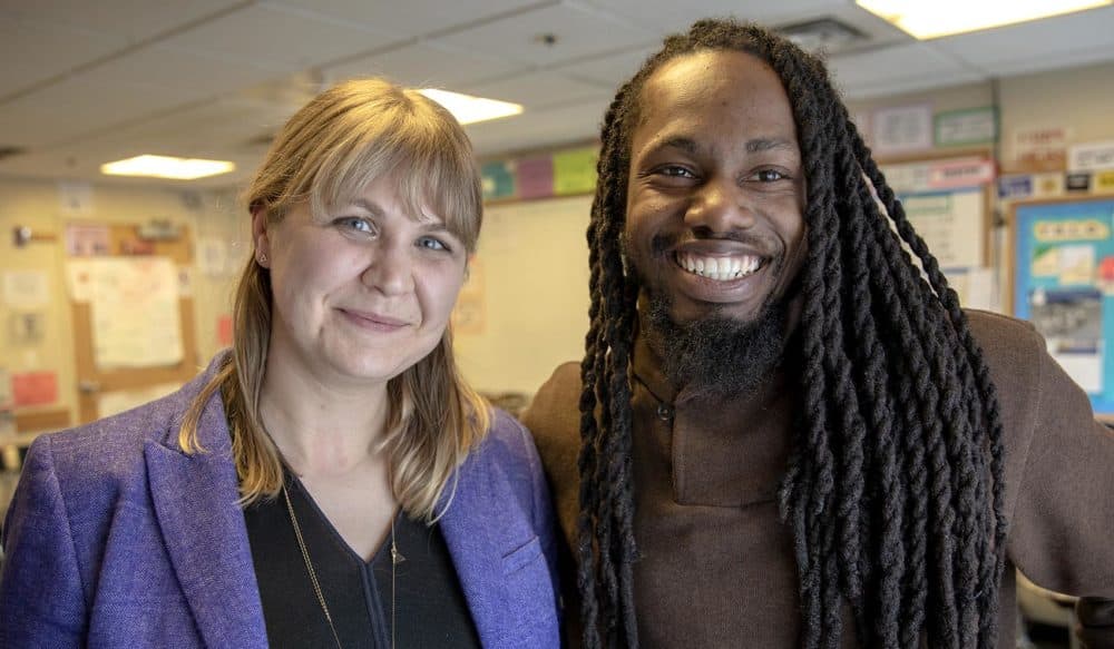 Sydney Chaffee, a ninth grade humanities teacher, and Tyrell Brewster, an upper school math teacher, at Codman Academy Charter Public School (Robin Lubbock/WBUR)