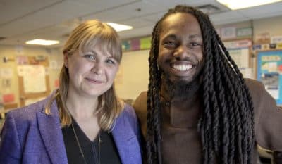 Sydney Chaffee, a ninth grade humanities teacher, and Tyrell Brewster, an upper school math teacher, at Codman Academy Charter Public School (Robin Lubbock/WBUR)