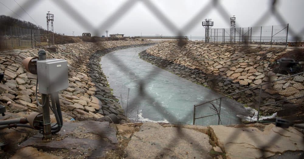 The discharge canal at Pilgrim, where water used for cooling at the plant is released back into Cape Cod Bay. (Robin Lubbock/WBUR)