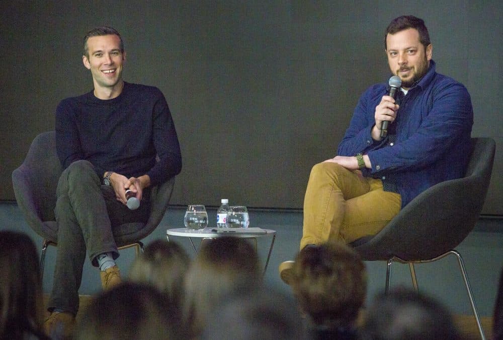 Jon Favreau and Ben Brock Johnson at WBUR’s CitySpace. (Robin Lubbock/WBUR)