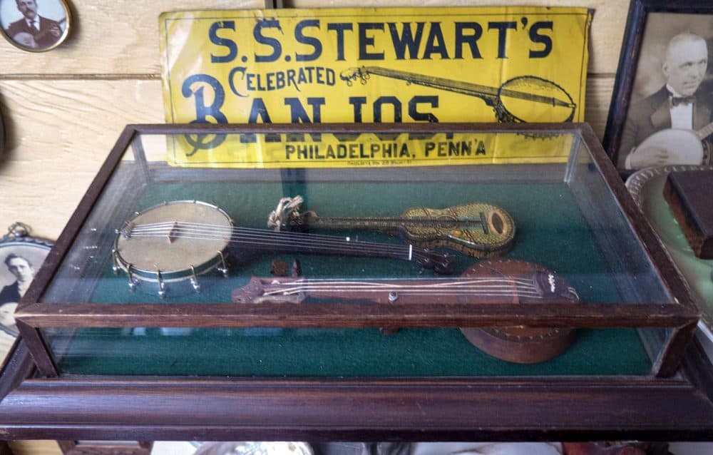 Antique banjos at Jim Bollman’s house in Arlington. (Andrea Shea/WBUR)
