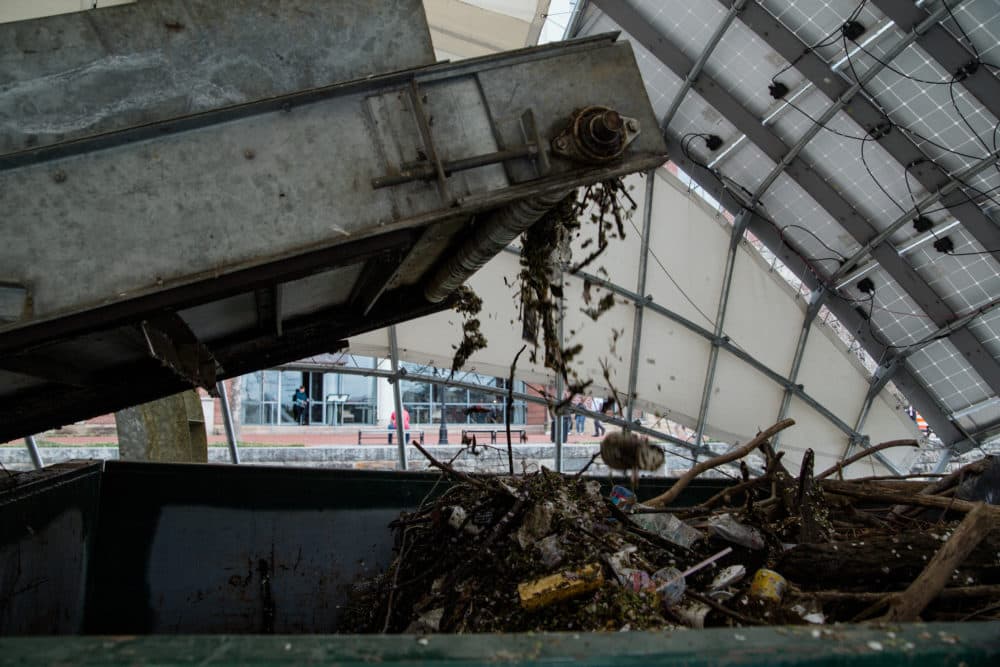 Garbage moves along a conveyor belt into Mr. Trash Wheel's "tum tum" — a dumpster. (Rosem Morton for Here & Now)