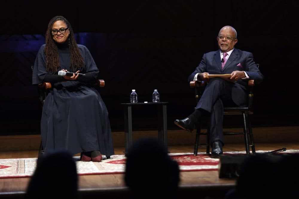 DuVernay speaks with Henry Louis Gates Jr., Alphonse Fletcher Jr. University Professor and director of the Hutchins Center for African & African American Research at Harvard University, during the Friday evening program of Vision and Justice. (Hadley Green for WBUR)