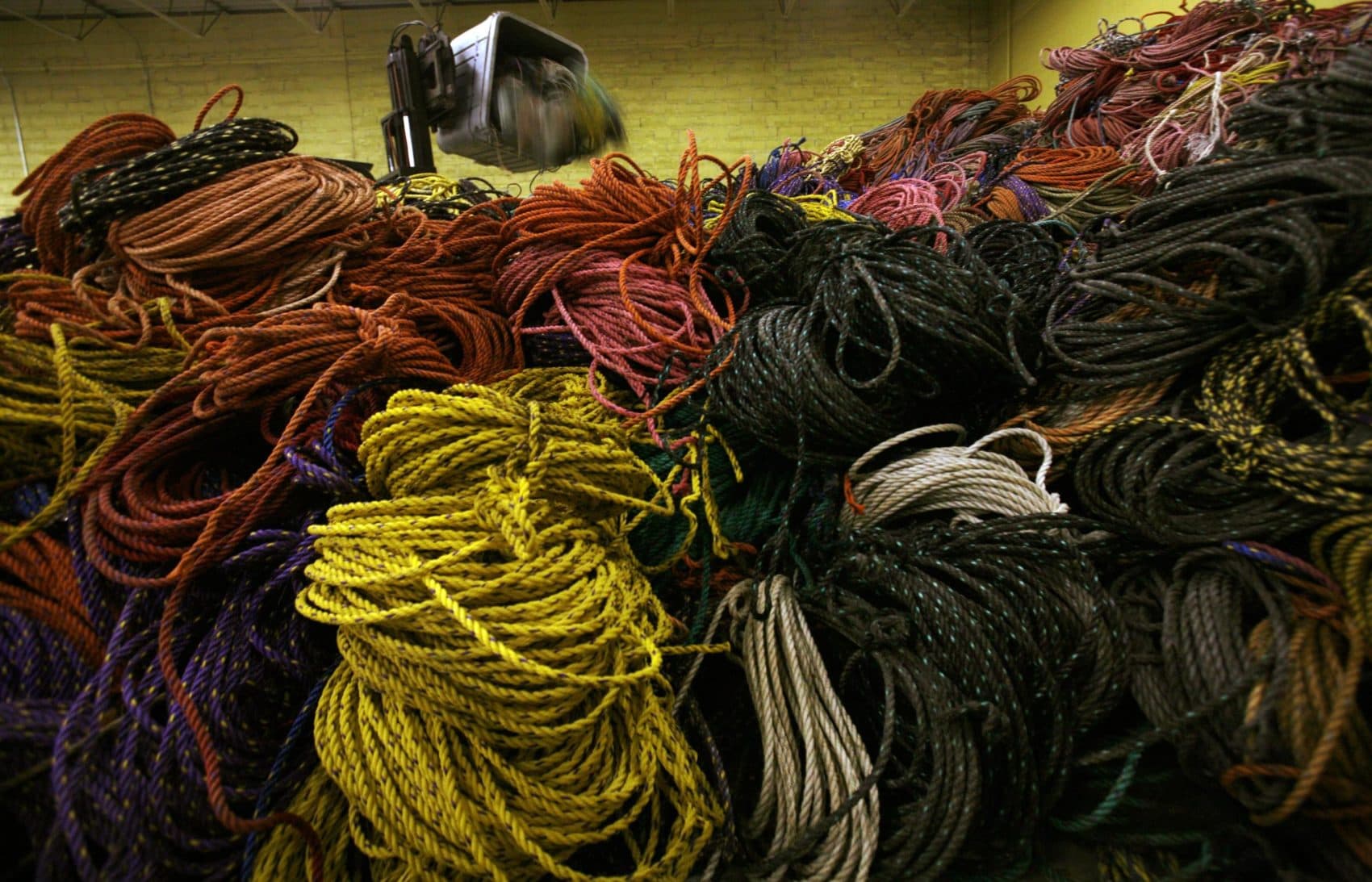A huge pile of lobster rope is collected in a warehouse in Rockland, Maine, on Friday, March 27, 2009. (Pat Wellenbach/AP)