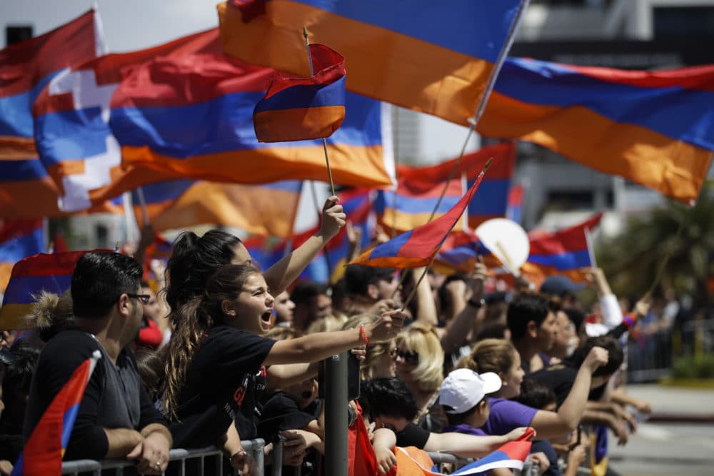 People outside the Turkish Consulate protest the deaths of an estimated 1.5 million Armenians under the Ottoman Empire, Monday, April 24, 2017, in Los Angeles. (Jae C. Hong/AP)
