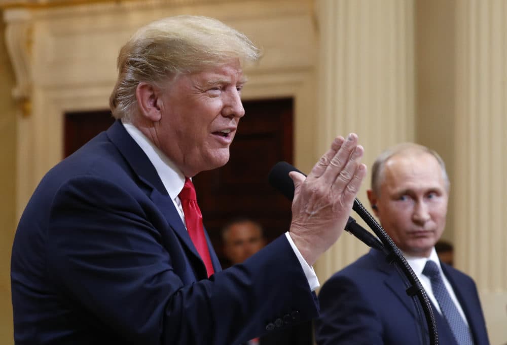 President Donald Trump speaks with Russian President Vladimir Putin during a press conference after their meeting in Helsinki, Finland, Monday, July 16, 2018. (Pablo Martinez Monsivais/AP)