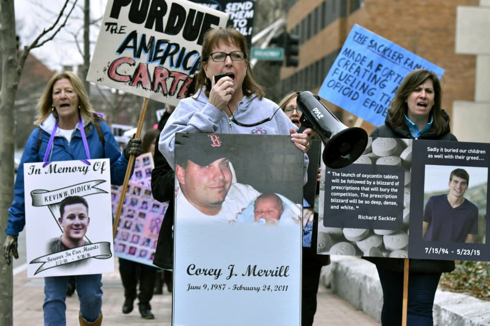 Cheryl Juaire, of Marlborough, Mass., center, leads a protest near the Arthur M. Sackler Museum at Harvard University, Friday, April 12, 2019, in Cambridge, Mass. (Josh Reynolds/AP)