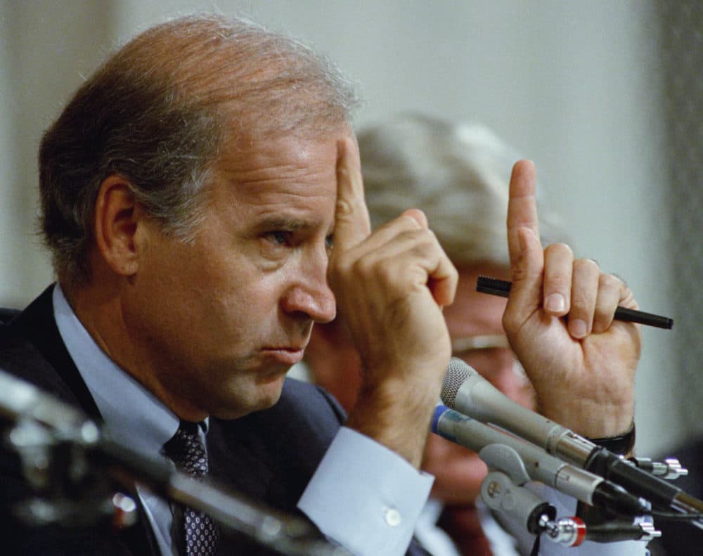 In this 1991 file photo, Senate Judiciary Committee Chairman Joe Biden gestures during hearings on allegations of sexual harassment by Supreme Court nominee Clarence Thomas on Capitol Hill in Washington, Oct. 12, 1991. (Greg Gibson/AP)
