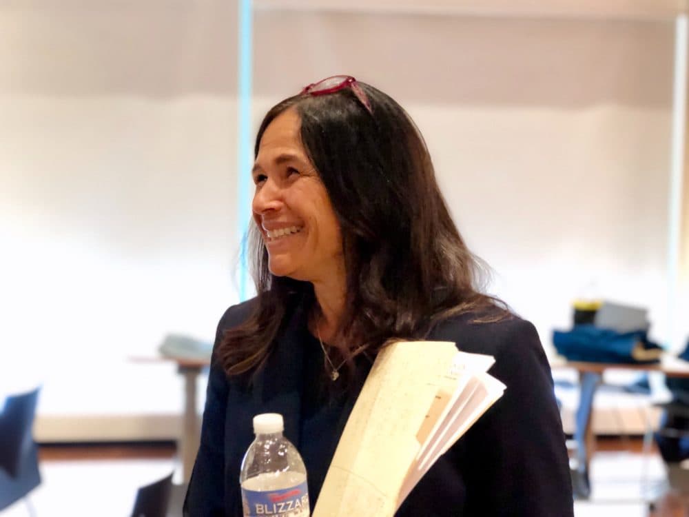 Brenda Cassellius pauses between interviews at the Bolling Municipal Building in Roxbury. (Max Larkin/WBUR)