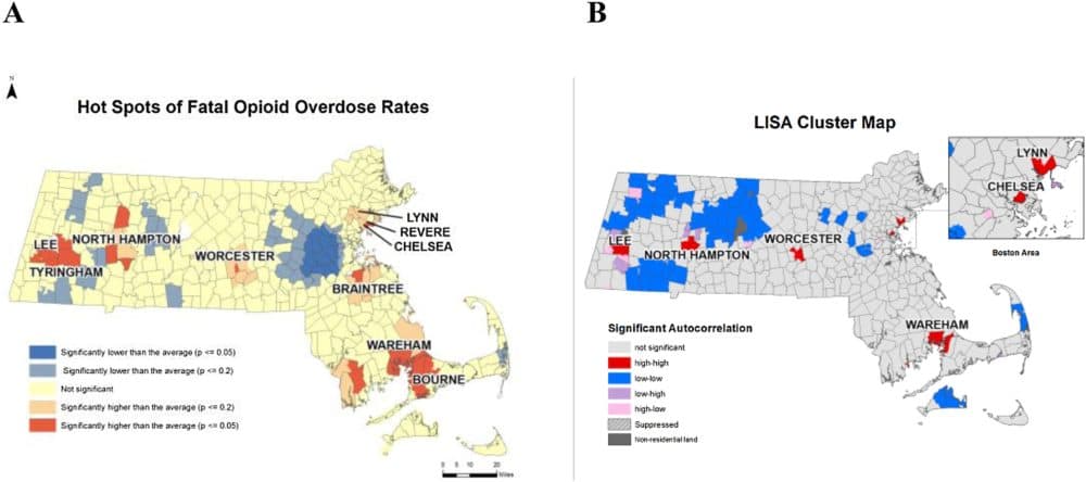 Clustering of fatal opioid overdose rates per 100,000 residents by Massachusetts ZIP codes from 2011 to 2015. (Courtesy the International Journal of Drug Policy)