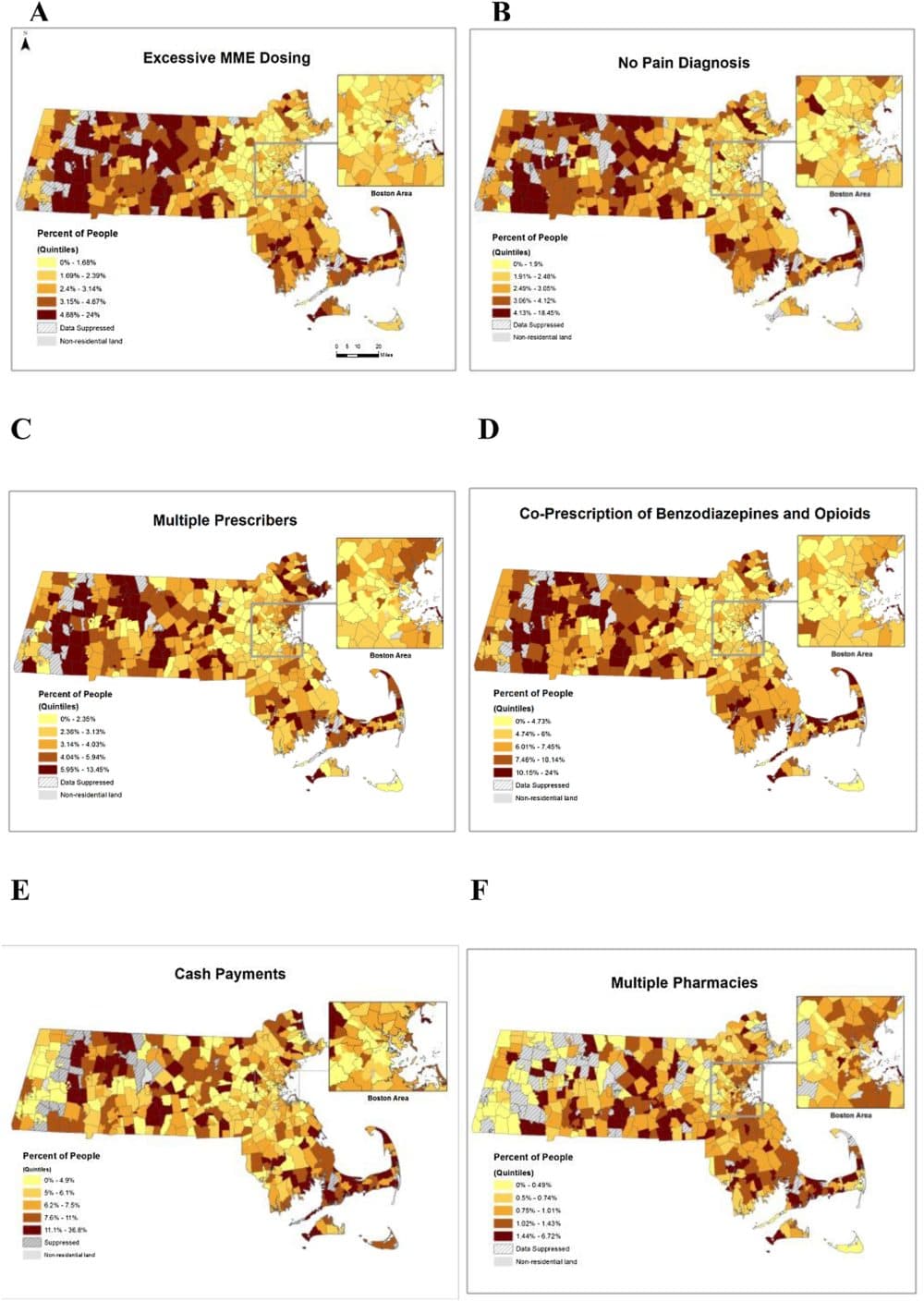 Potentially inappropriate opioid prescription practices (PIP) in Massachusetts from 2011 to 2015. (Courtesy the International Journal of Drug Policy)