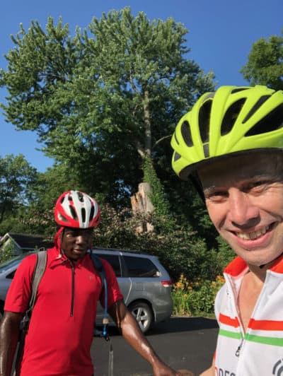 Nick Silver, left, and Pierre Politte after their first tandem bike ride on Jul. 6, 2018. (Courtesy Pierre Politte)