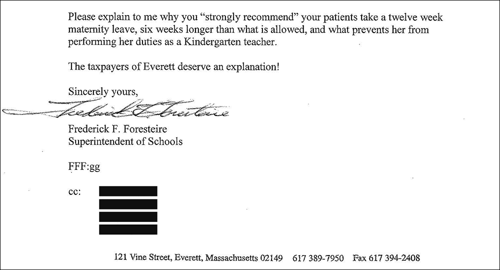 An excerpt from Foresteire's 2014 letter sent to a nurse midwife about a teacher's request for an extended leave