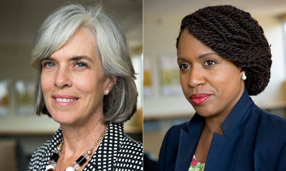 U.S. Reps. Katherine Clark, left, and Ayanna Pressley at WBUR (Robin Lubbock/WBUR)