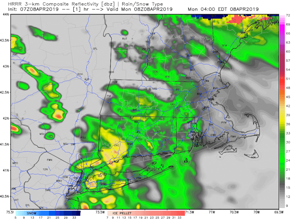 Rain continues for the first part of Monday and tapers off to drizzle this afternoon. (Courtesy WeatherBell)