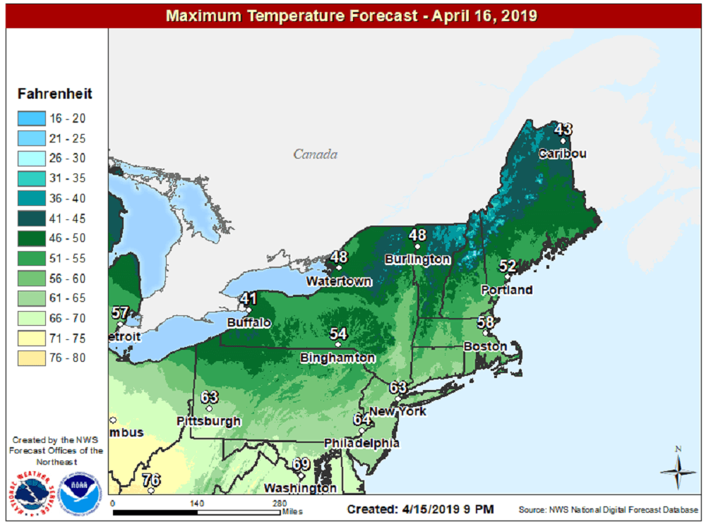 Highs will reach near 60 today. (Courtesy NOAA)