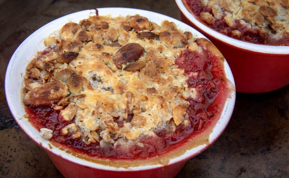 Rhubarb-strawberry crumble, from chef Kathy Gunst. (Robin Lubbock/WBUR)