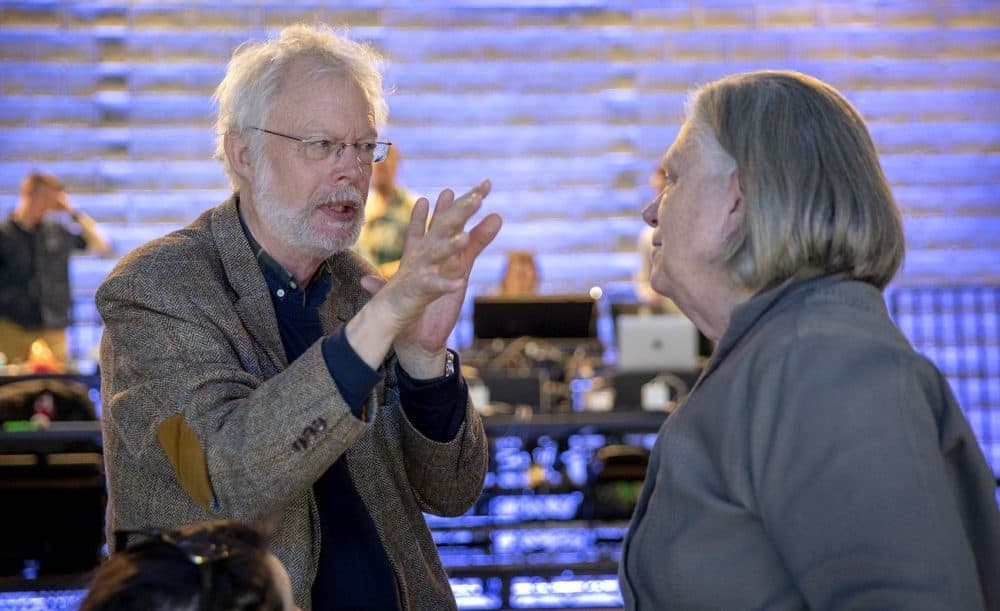 Composer Poul Ruders talks with BLO director Anne Bogart, during a rehearsal a rehearsal for "The Handmaid's Tale." (Robin Lubbock/WBUR)