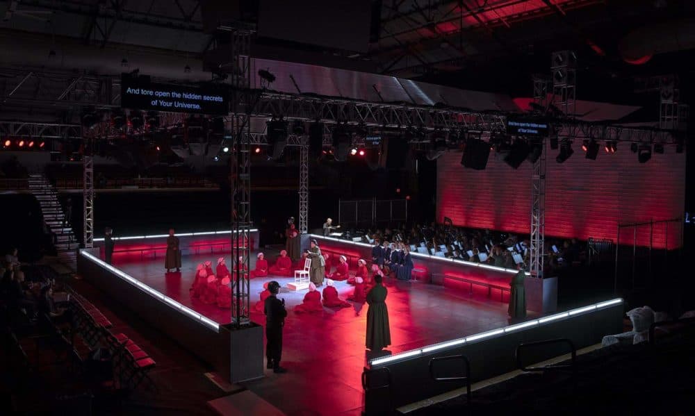 A rehearsal of the BLO's "The Handmaid's Tale" at Harvard's Lavietes Pavilion. (Robin Lubbock/WBUR)
