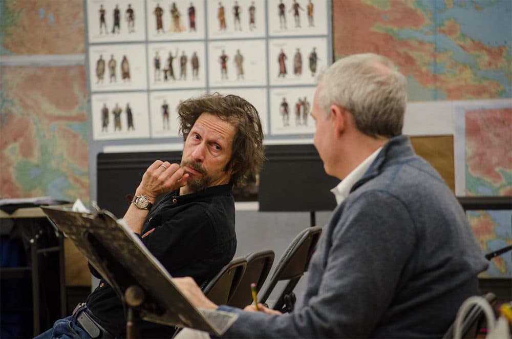 Playwright Tim Blake Nelson (left) and director Doug Hughes in rehearsal for "Socrates." (Garlia Cornelia Jones/Courtesy of the production)