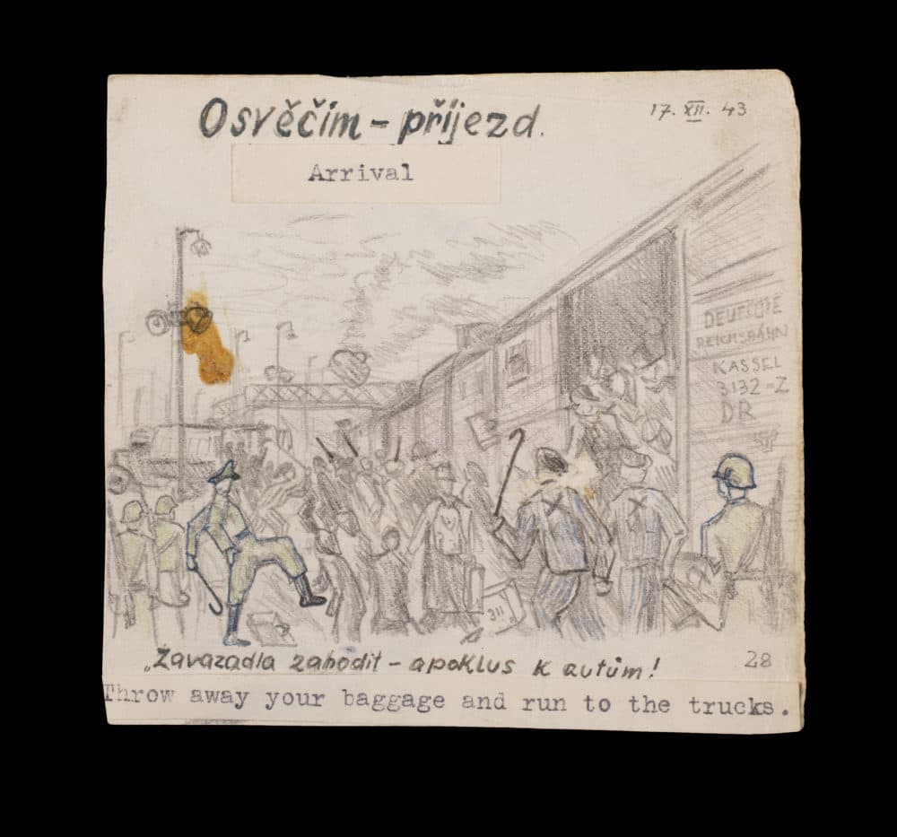 Artist Alfred Kantor's depiction of arrival in Auschwitz: "Throw away your baggage and run to the trucks." (Gift of Alfred Kantor, Museum of Jewish Heritage)