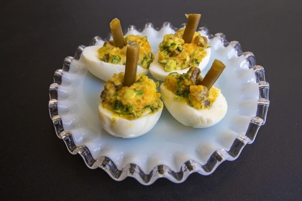 Dilly bean deviled eggs. (Jesse Costa/WBUR)