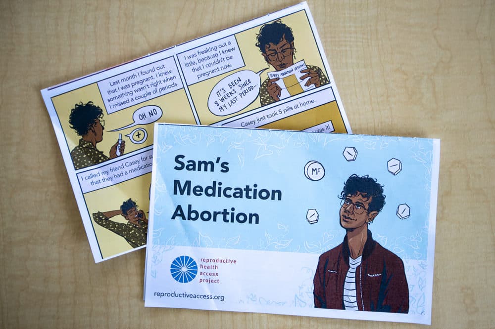 A cartoon from the  Reproductive Health Access Project about medication abortion (Jesse Costa/WBUR)