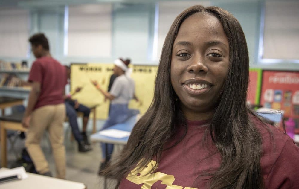 Marvelyne Lamy, a seventh grade language arts teacher at the Helen Y. Davis Leadership Academy Charter Public School. (Robin Lubbock/WBUR)
