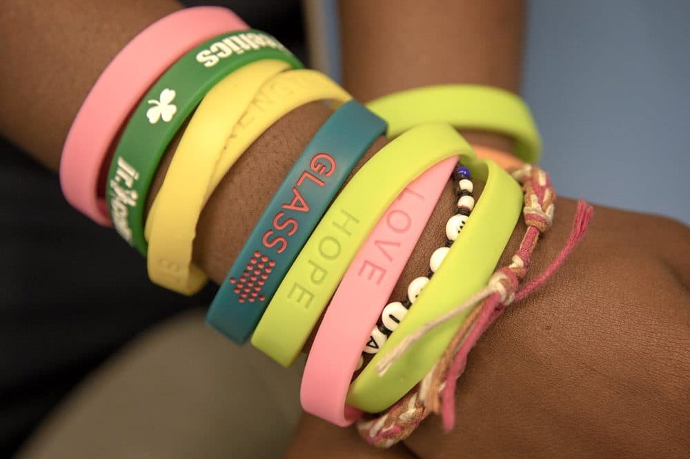 Seventh grader Dejaun Mitchell's wrist bands. (Robin Lubbock/WBUR)