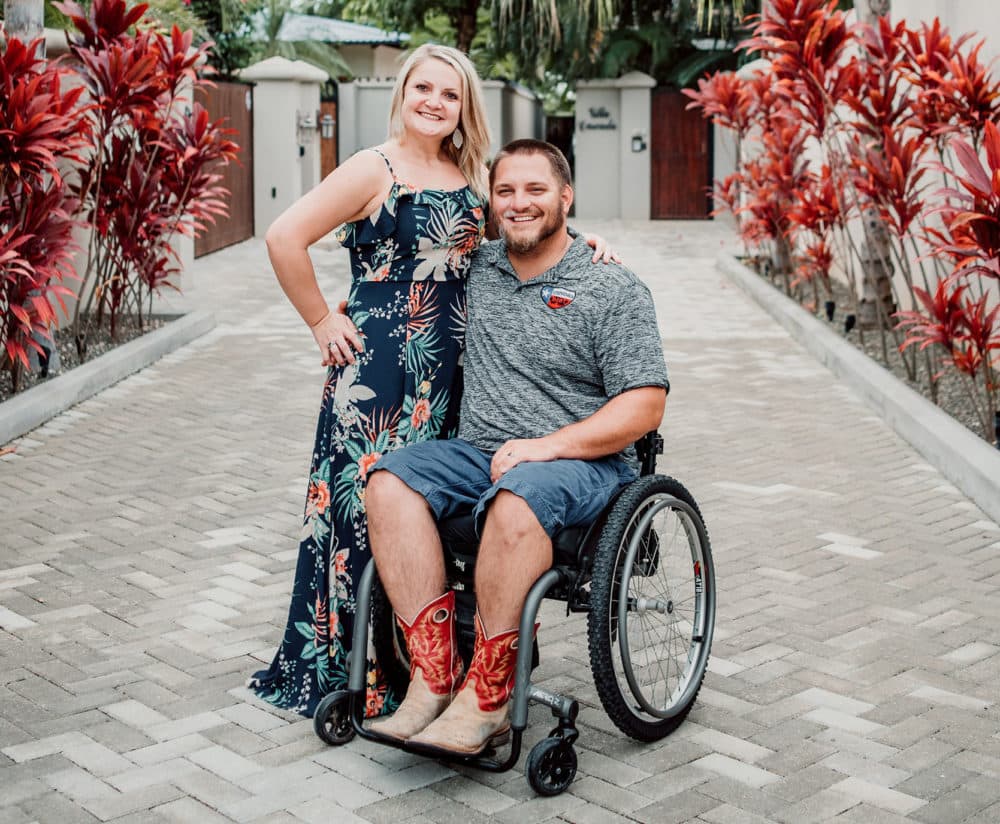 A few years after a motocross accident left him paralyzed, Kent Stephenson came to Louisville from his home in Texas to be part of an experimental treatment for spinal cord injuries that has helped him regain some motion. Stephenson is pictured here with his wife Misti. (Courtesy of Kent Stephenson)