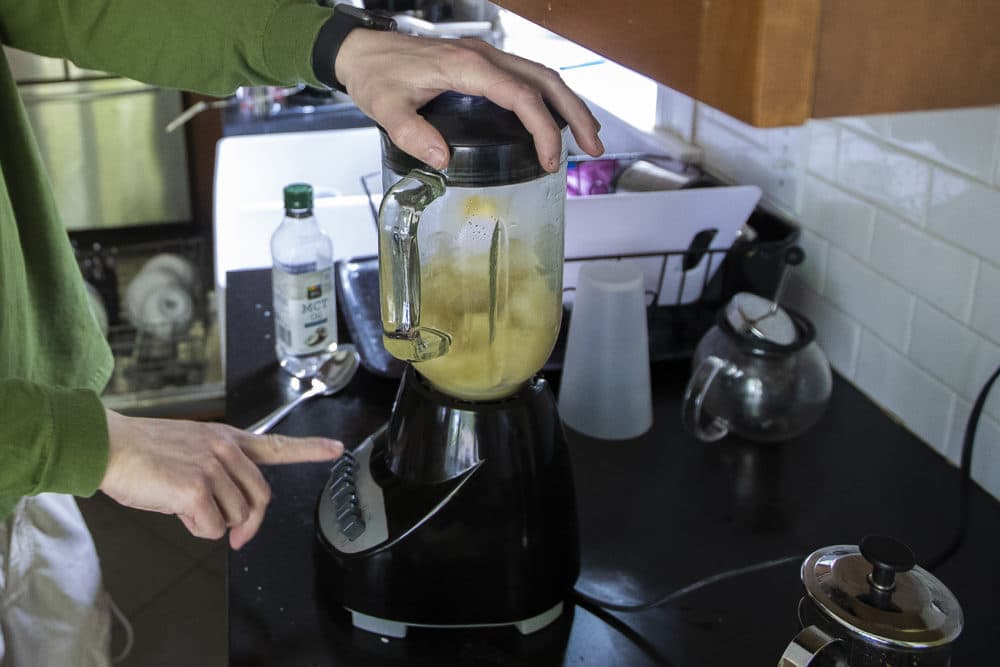 Dan prepares Guayakí Yerba Mate tea. (Jesse Costa / WBUR)